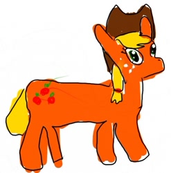 Size: 500x507 | Tagged: safe, artist:zestyoranges, applejack, earth pony, pony, 1000 hours in ms paint, applejack's hat, badly drawn ponies, cowboy hat, female, freckles, hat, majestic as fuck, mare, simple background, solo, stylistic suck, white background