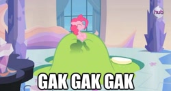 Size: 623x335 | Tagged: safe, edit, edited screencap, screencap, pinkie pie, earth pony, pony, games ponies play, bubble, caption, crystal empire, gak, hub logo, solo, swimming pool