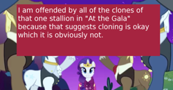 Size: 500x259 | Tagged: safe, edit, edited screencap, screencap, rarity, pony, unicorn, the best night ever, clothes, dress, female, gala dress, grand galloping gala, male, mare, meme, meta, offensive ponies, stallion, text