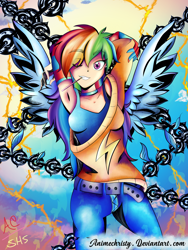 Size: 1024x1365 | Tagged: safe, alternate version, artist:animechristy, derpibooru import, rainbow dash, human, arm behind head, armpits, breasts, clothes, female, humanized, looking at you, one eye closed, smiling, solo, winged humanization, wings, wink