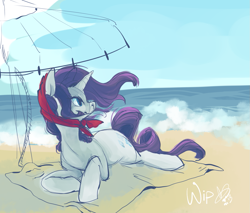 Size: 1157x986 | Tagged: safe, artist:clovercoin, rarity, pony, unicorn, beach, female, horn, mare, white coat