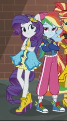 Size: 369x667 | Tagged: safe, derpibooru import, screencap, rainbow dash, rarity, sunset shimmer, dance magic, equestria girls, spoiler:eqg specials, clothes, converse, cropped, high heels, pants, ponied up, rapper dash, shoes, skirt, smiling, sneakers, wings