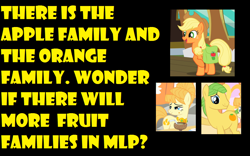 Size: 914x572 | Tagged: safe, applejack, aunt orange, uncle orange, earth pony, pony, apple, family, hilarious in hindsight, meme, orange, the oranges, yellow words