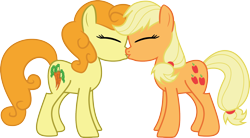 Size: 1966x1088 | Tagged: safe, artist:aaron amethyst, applejack, carrot top, golden harvest, earth pony, pony, carrotjack, female, kissing, lesbian, shipping