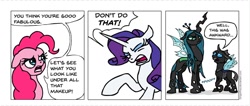 Size: 1000x424 | Tagged: safe, artist:gingerfoxy, pinkie pie, queen chrysalis, rarity, changeling, changeling queen, earth pony, pony, unicorn, pony comic generator, comic, dialogue, disguise, disguised changeling, female, mare, simple background, white background