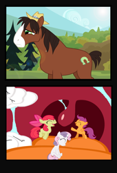 Size: 2168x3184 | Tagged: safe, artist:shrunken-littlebro12, apple bloom, scootaloo, sweetie belle, trouble shoes, earth pony, pegasus, pony, unicorn, bouncing, comedic vore, comic, cutie mark crusaders, female, fetish, filly, giant pony, inside, inside mouth, macro, male, micro, mouth, stallion, tongue out, unhappy, uvula, vore