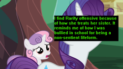 Size: 500x281 | Tagged: safe, screencap, rarity, sweetie belle, sweetie bot, pony, robot, unicorn, sisterhooves social, cutie mark, female, filly, foal, horn, mare, meta, offensive ponies, open mouth, text