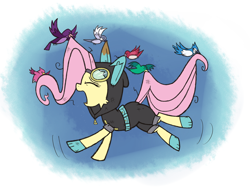 Size: 2000x1500 | Tagged: safe, artist:cyberfire22, fluttershy, bird, pegasus, pony, magic duel, animal, bunny ears, carrying, clothes, dangerous mission outfit, female, flying, goggles, hoodie, mare, scene interpretation, solo