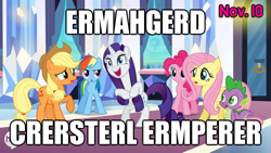 Size: 500x281 | Tagged: safe, applejack, fluttershy, pinkie pie, rarity, spike, crystal pony, dragon, earth pony, pegasus, pony, unicorn, ermahgerd, image macro