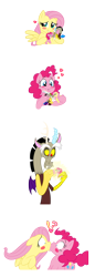 Size: 758x2205 | Tagged: safe, artist:mickeymonster, discord, fluttershy, pinkie pie, earth pony, pegasus, pony, blush sticker, blushing, comic, discord being discord, discord the shipper, exclamation point, female, flutterpie, forced lesbian, heart, implied discopie, implied discoshy, implied shipping, implied straight, interrobang, kissing, lesbian, male, now kiss, question mark, shipper on deck, shipping, surprise kiss, surprised, voodoo doll