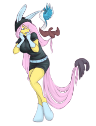 Size: 1800x2366 | Tagged: safe, artist:terezi-pierope, fluttershy, anthro, bird, pegasus, breasts, bunny ears, clothes, dangerous mission outfit, female, gloves, hoodie, hootershy, solo