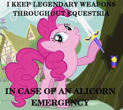 Size: 503x448 | Tagged: safe, pinkie pie, earth pony, pony, alicorn drama, excalibur, sword, text