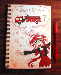 Size: 3184x3936 | Tagged: safe, artist:grocerystorephobic, sunset shimmer, my past is not today, cute, euphemism, fire engine, no fucks, shimmerbetes, solo, traditional art, wordplay