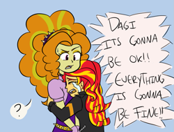 Size: 719x549 | Tagged: safe, artist:catlover1672, adagio dazzle, sunset shimmer, equestria girls, confused, crying, dialogue, female, hug, lesbian, shipping, simple background, sunsad shimmer, sunsagio