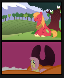 Size: 1172x1432 | Tagged: safe, artist:shrunken-littlebro12, big macintosh, fluttershy, earth pony, pegasus, pony, big macinpred, bigger macintosh, comic, cute, female, fetish, flutterprey, giant pony, inside mouth, macro, male, mare, micro, non-fatal vore, stallion, tiny, uvula, vector, vore