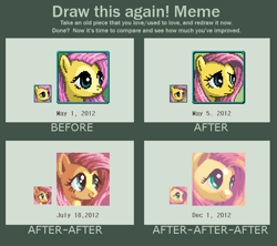 Size: 784x696 | Tagged: safe, artist:pix3m, fluttershy, pegasus, pony, art meme, bust, comparison, pixel art, portrait