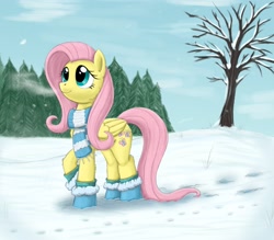 Size: 2008x1762 | Tagged: safe, artist:otakuap, fluttershy, pegasus, pony, bare tree, boots, breath, clothes, cute, fluffy, hoofprints, looking up, raised hoof, scarf, smiling, snow, snowfall, solo, tree, winter