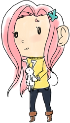 Size: 478x839 | Tagged: safe, artist:lupus-artis, angel bunny, fluttershy, clothes, humanized, sweatershy