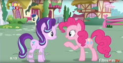 Size: 1900x975 | Tagged: safe, screencap, bon bon, pinkie pie, starlight glimmer, sweetie drops, changeling, earth pony, pony, to where and back again, meme, vulgar, youtube caption