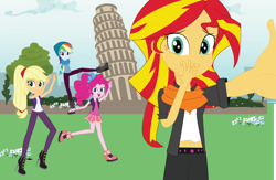 Size: 2000x1300 | Tagged: safe, artist:eninejcompany, applejack, pinkie pie, rainbow dash, sunset shimmer, equestria girls, forced perspective, italy, leaning tower of pisa, midriff, selfie