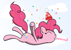 Size: 1370x970 | Tagged: dead source, safe, artist:verzi-9, pinkie pie, earth pony, pony, confetti, hat, party hat, party horn, solo