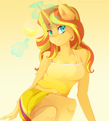 Size: 3600x4000 | Tagged: safe, artist:thenornonthego, sunset shimmer, anthro, equestria girls, absurd resolution, alcohol, beautiful, champagne, clothes, cute, fluffy, glowing horn, grin, looking at you, magic, midriff, off shoulder, pretty, sitting, skirt, smiling, solo, telekinesis, wine