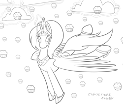 Size: 1280x1095 | Tagged: safe, artist:cynicalmoose, derpy hooves, alicorn, pony, 30 minute art challenge, alicornified, derpicorn, horn, monochrome, muffin, muffin queen, race swap, solo