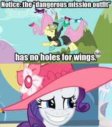 Size: 576x648 | Tagged: safe, edit, edited screencap, screencap, fluttershy, rarity, pegasus, pony, unicorn, magic duel, sweet and elite, bunny ears, caption, clothes, dangerous mission outfit, female, goggles, hat, hoodie, image macro, mare, smiling, trollface