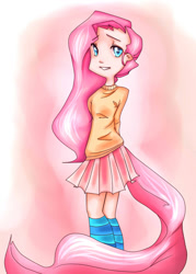 Size: 900x1260 | Tagged: dead source, safe, artist:exunary, fluttershy, clothes, female, gradient background, humanized, looking at you, skirt, smiling, solo, sweater, sweatershy