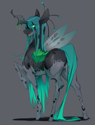 Size: 2196x2869 | Tagged: safe, artist:slugbox, queen chrysalis, changeling, changeling queen, alternate design, bugbutt, butt, female, mare, plot, raised hoof, rear view, simple background, solo