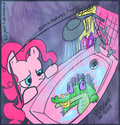 Size: 778x813 | Tagged: safe, artist:velexane, gummy, pinkie pie, earth pony, pony, 30 minute art challenge, shower