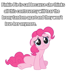 Size: 615x686 | Tagged: safe, pinkie pie, earth pony, pony, bronybait, drama, meta, sad, solo