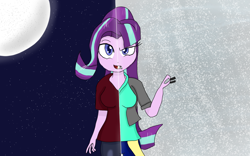 Size: 1920x1200 | Tagged: safe, artist:mildockart, starlight glimmer, equestria girls, clothes, duality, equal sign, equestria girls-ified, evil, full moon, good, moon, night sky, open mouth, solo, stars