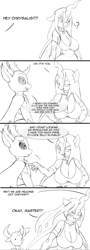 Size: 500x1392 | Tagged: safe, artist:suirano, queen chrysalis, thorax, anthro, changedling, changeling, changeling queen, ..., breasts, cleavage, clothes, collar, comic, dialogue, king thorax, master, monochrome, queen chrysaltits, subalis