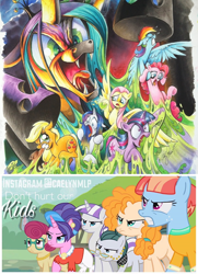 Size: 624x864 | Tagged: safe, artist:andypriceart, artist:caelynmlp, edit, applejack, cloudy quartz, cookie crumbles, fluttershy, pear butter, pinkie pie, posey shy, queen chrysalis, rainbow dash, rarity, twilight sparkle, twilight velvet, unicorn twilight, windy whistles, changeling, changeling queen, earth pony, pegasus, pony, unicorn, angry, changeling slime, clothes, eyes closed, female, floppy ears, flying, frown, glare, glasses, gritted teeth, horrified, jewelry, lidded eyes, mama bear, mane six, mare, marshmelodrama, messy, mom six, mother, necklace, open mouth, pulling, raised hoof, raised leg, smiling, spread wings, stuck, text, this will end in pain, tongue out, underhoof, wide eyes, wings