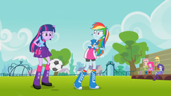 Size: 1920x1080 | Tagged: safe, derpibooru import, screencap, applejack, fluttershy, pinkie pie, rainbow dash, rarity, spike, twilight sparkle, dog, equestria girls, equestria girls (movie), football, mane six, soccer field, spike the dog, sports