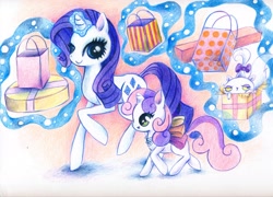 Size: 3507x2523 | Tagged: safe, artist:xxswanfeather, opalescence, rarity, sweetie belle, pony, unicorn, shopping, traditional art