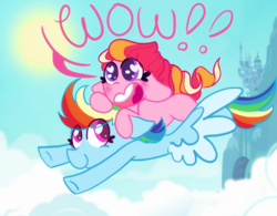 Size: 770x600 | Tagged: safe, artist:bubaiuv, derpibooru import, rainbow dash, oc, oc:honeycrisp blossom, pegasus, pony, canterlot, cloud, heart eyes, honeycrisp tales, parent:big macintosh, parent:princess cadance, parents:cadmac, wingding eyes