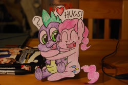 Size: 1280x857 | Tagged: safe, artist:danadyu, pinkie pie, spike, dragon, earth pony, pony, female, jumped-out-pinkieanswers, male, paper child, pinkiespike, shipping, straight