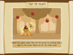 Size: 916x690 | Tagged: safe, screencap, applejack, earth pony, pony, game, gameloft, hatless, missing accessory, text