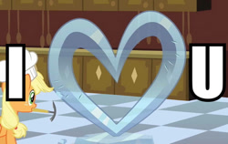 Size: 791x500 | Tagged: safe, screencap, applejack, earth pony, pony, a canterlot wedding, caption, heart, ice sculpture, mouth hold, pickaxe