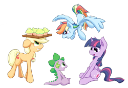 Size: 5465x3770 | Tagged: safe, artist:solipsus, derpibooru import, applejack, rainbow dash, spike, twilight sparkle, twilight sparkle (alicorn), alicorn, dragon, earth pony, pegasus, pony, cupcake, female, food, mare