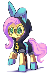 Size: 543x822 | Tagged: safe, artist:ende26, fluttershy, pegasus, pony, bunny ears, clothes, costume, cute, dangerous mission outfit, female, goggles, hoodie, mare, raised hoof, signature, simple background, solo, transparent background, wavy mouth