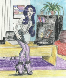 Size: 1571x1864 | Tagged: safe, artist:deathloc, rarity, clothes, humanized, office, skirt, traditional art