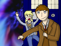 Size: 1024x768 | Tagged: safe, derpy hooves, doctor whooves, blonde hair, clothes, duo, female, humanized, male, tardis