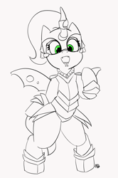 Size: 3217x4854 | Tagged: safe, artist:pabbley, queen chrysalis, changeling, changeling queen, armor, looking at you, monochrome, sketch, smiling, solo