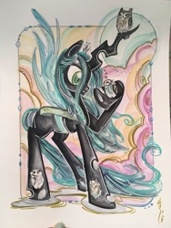 Size: 1536x2048 | Tagged: safe, artist:sararichard, queen chrysalis, changeling, changeling queen, owl, female, solo, traditional art