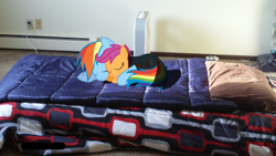 Size: 1024x576 | Tagged: safe, artist:goldenponyz, derpibooru import, rainbow dash, scootaloo, pony, bed, best pony, fan, heartwarming, irl, photo, ponies in real life, scootalove, shadow, sleeping, vector