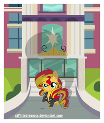 Size: 2700x3200 | Tagged: safe, artist:xwhitedreamsx, sunset shimmer, pony, unicorn, canterlot high, chibi, clothes, cute, equestria girls outfit, female, jacket, mare, raised hoof, shadow, shimmerbetes, solo