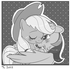 Size: 440x425 | Tagged: safe, artist:insomniacovrlrd, applejack, rainbow dash, earth pony, pegasus, pony, appledash, bedroom eyes, black and white, blushing, butt touch, cute, feathermarking, female, grayscale, hug, lesbian, monochrome, shipping, smiling, wings